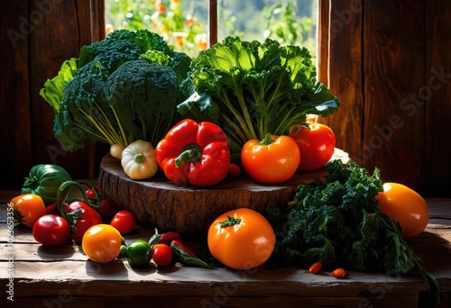 vibrant arrangement fresh vegetables decorating table colorful textures natural elements, display, organic, harvest, seasonal, greens, herbs, carrots