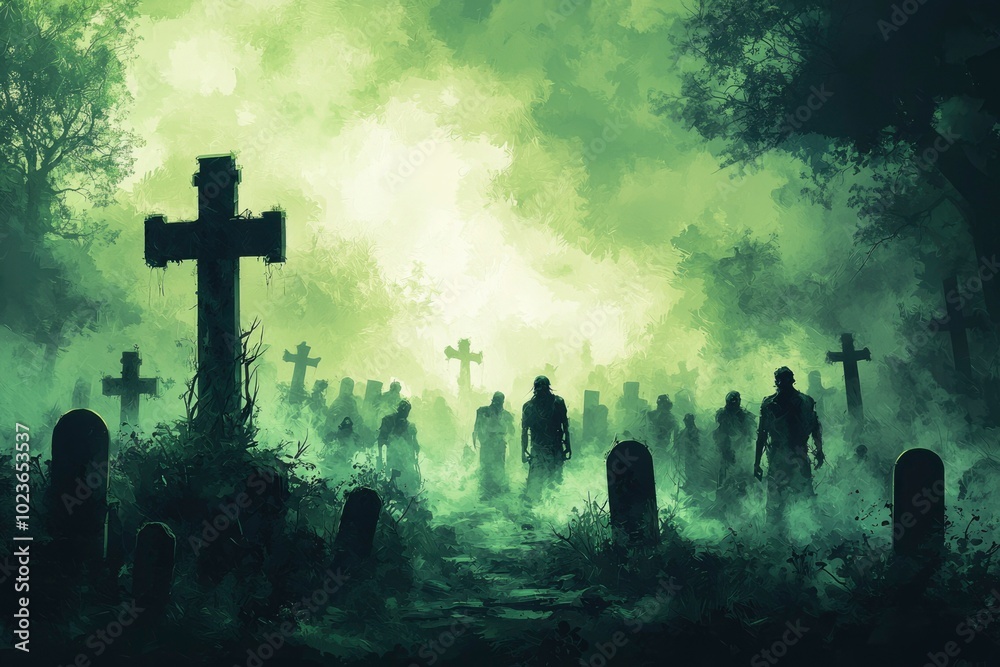 A Horde of Zombies Emerge from a Foggy Graveyard A Horde of Zombies Emerge from a Foggy Graveyard