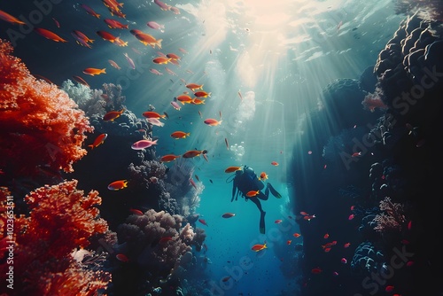 Diver exploring vibrant coral reefs surrounded by colorful fish in clear ocean waters