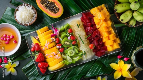 Tropical Delight Vibrant Vietnamese Che Ba Mau Dessert and Fresh Fruits on Banana Leaf photo