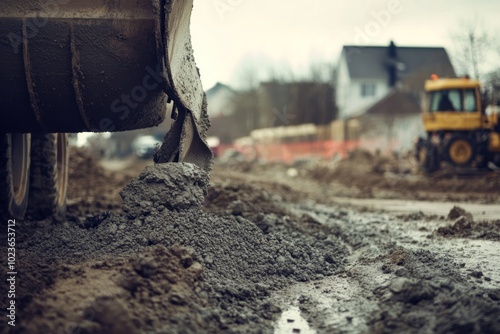 Excavator Bucket Dumping Mud and Gravel on Construction Site