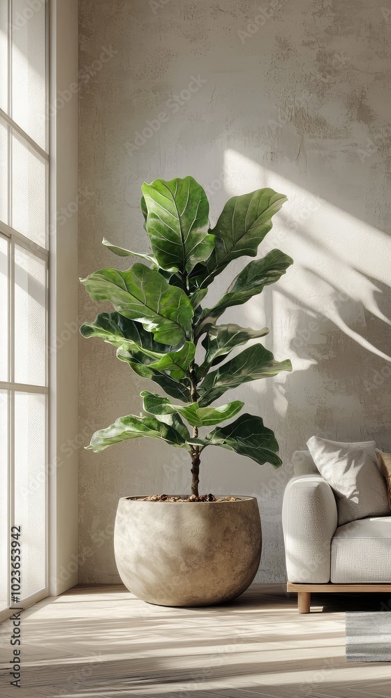 Stylish Living Room with Large Fiddle Leaf Fig Plant Stylish Living Room with Large Fiddle Leaf Fig Plant
