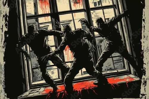 Three Silhouetted Zombies Crawling Through a Bloody Window