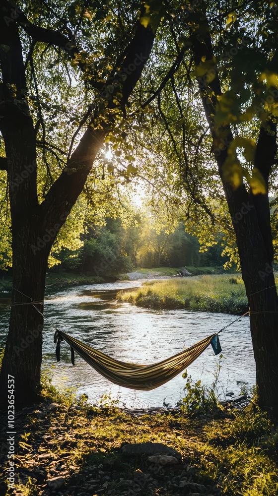 Obraz premium Tranquil River Camping Spot with Hammock