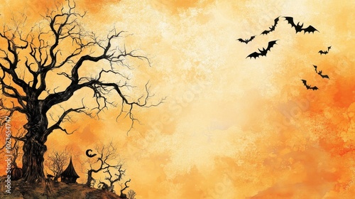 Haunting Halloween Landscape with Bare Tree and Bats