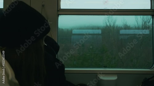 A girl looks out the window on a train. Passengers are resting in a train carriage. View from the train window to nature with green trees.