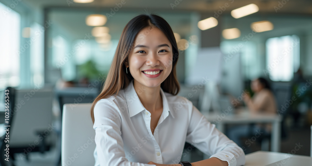 A smiling young Indonesian woman is working in a modern office, sitting at her desk A smiling young Indonesian woman is working in a modern office, sitting at her desk