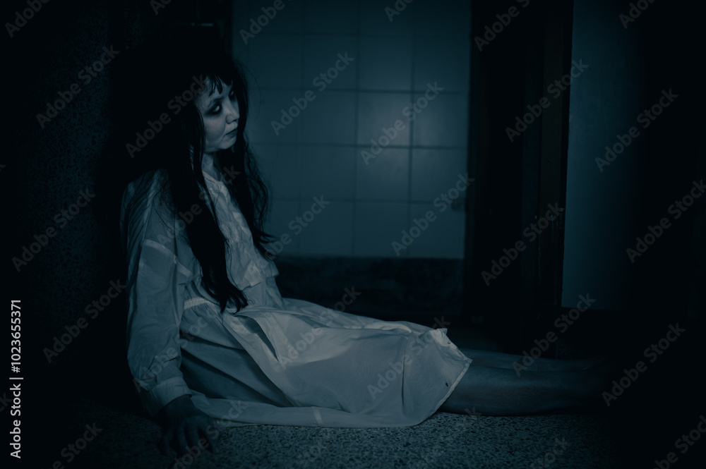 Portrait of asian woman make up ghost,Scary horror scene for background,Halloween festival concept,Ghost movies poster,angry spirit in the apartment