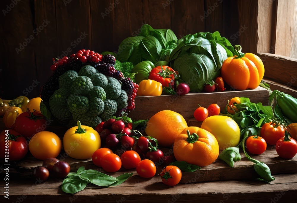 vibrant display colorful fruits vegetables arranged delightfully rustic wooden table inviting freshness health every bite, texture, organic, variety, healthy vibrant display colorful fruits vegetables arranged delightfully rustic wooden table inviting freshness health every bite, texture, organic, variety, healthy