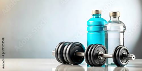 Minimalist Plain Background with Gym Weights and Water Bottle for Fitness Ads, Ideal for Strength and Hydration Promotions