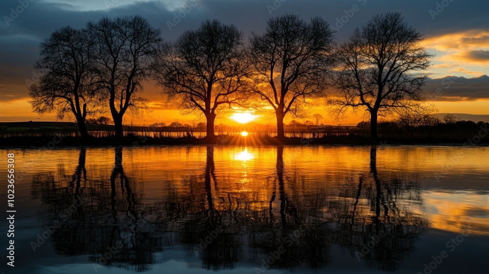 Silhouetted Trees Reflecting in Golden Sunset Water Silhouetted Trees Reflecting in Golden Sunset Water