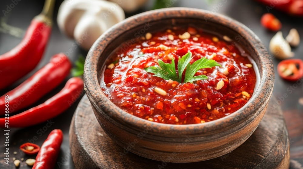 Fresh Spicy Red Sauce in Rustic Bowl Fresh Spicy Red Sauce in Rustic Bowl