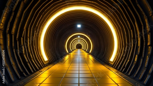 View of inside a highway empty tunnel with glow LED Background.