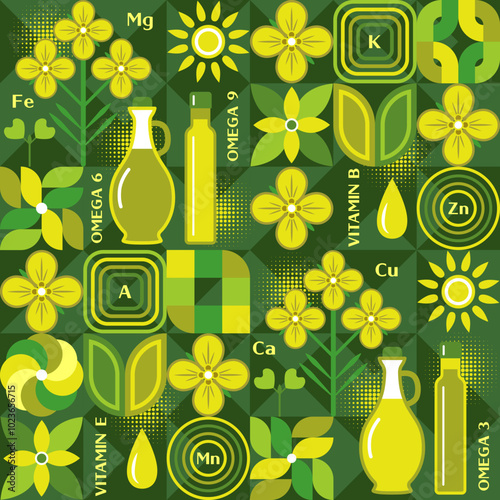 Seamless pattern with icons of rape, rapeseed oil, abstract geometric shapes on dark green mosaic background. For branding, decoration of food packaging, prints