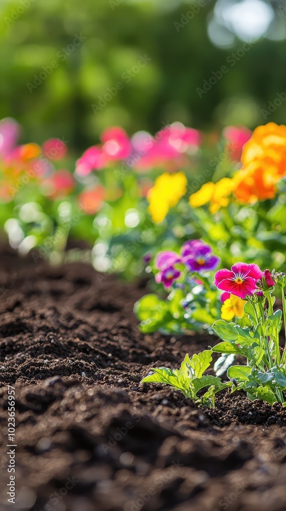 Vibrant Garden Scene with Freshly Tilled Soil Vibrant Garden Scene with Freshly Tilled Soil