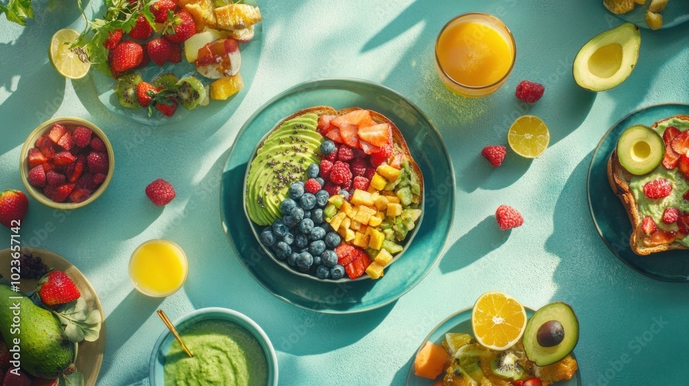 A Vibrant Spread of Fresh Fruit, Smoothies, and Avocado Toast A Vibrant Spread of Fresh Fruit, Smoothies, and Avocado Toast