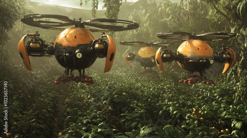 Futuristic Drones in a Lush, Tropical Forest Landscape