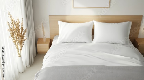 Memory foam pillow in a minimalistic bedroom setting, placed on a modern bed, gray sheets, and soft lighting, 3D illustration