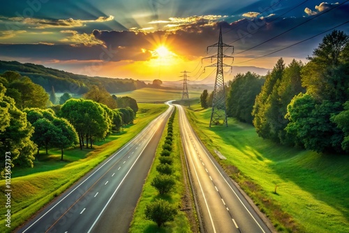 A serene, sun-kissed highway stretches through a rolling green landscape, lined with trees and power lines, conveying a sense of tranquility and middle-ground balance. photo