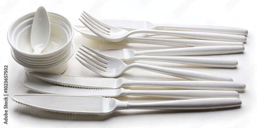 A set of disposable utensils, including a fork, spoon, and knife, made of white plastic, arranged on a white background, ready for takeout or picnic use. A set of disposable utensils, including a fork, spoon, and knife, made of white plastic, arranged on a white background, ready for takeout or picnic use.
