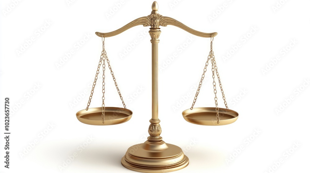 A pair of golden scales with one side tilted slightly higher, isolated on a white surface, representing law. No people.