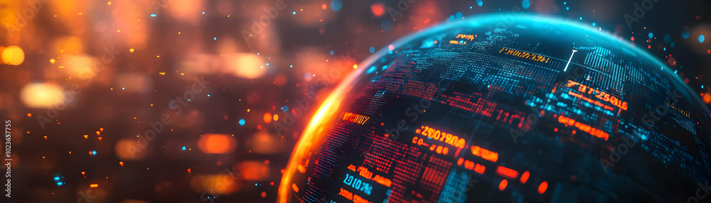 Glossy Globe with Colorful Economic Data Overlays: A Wide Shot Representing Global Economics and International Business Concepts Glossy Globe with Colorful Economic Data Overlays: A Wide Shot Representing Global Economics and International Business Concepts