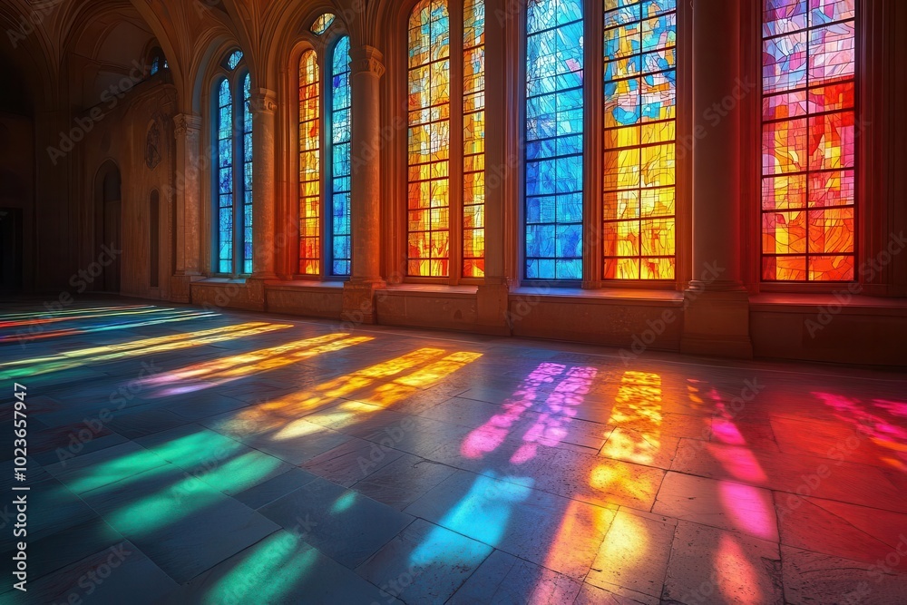 sunlight streaming through stained glass windows of a historic church casting colorful patterns on the stone floor creating a serene and spiritual ambiance sunlight streaming through stained glass windows of a historic church casting colorful patterns on the stone floor creating a serene and spiritual ambiance