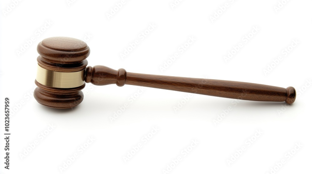 A polished gavel resting horizontally with its sound block, isolated on a smooth white background. No people. A polished gavel resting horizontally with its sound block, isolated on a smooth white background. No people.