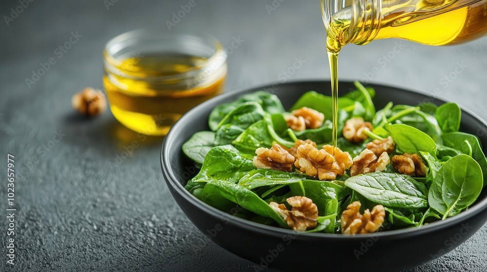 Omega oil being poured over a fresh salad with walnuts and spinach, Omega oil salad, healthy dressing Omega oil being poured over a fresh salad with walnuts and spinach, Omega oil salad, healthy dressing