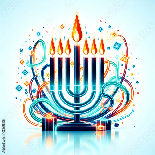 Glowing Hanukkah Candles with Neon Sparks in Abstract Digital Art - Vibrant Festive Vector Illustration for Holiday Ecommerce Promotions