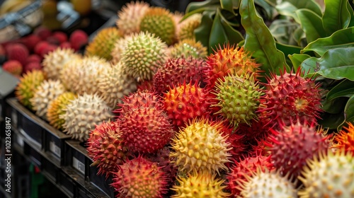 Exotic Elegance Vibrant Rambutans Displayed in Organic Grocery Showcase