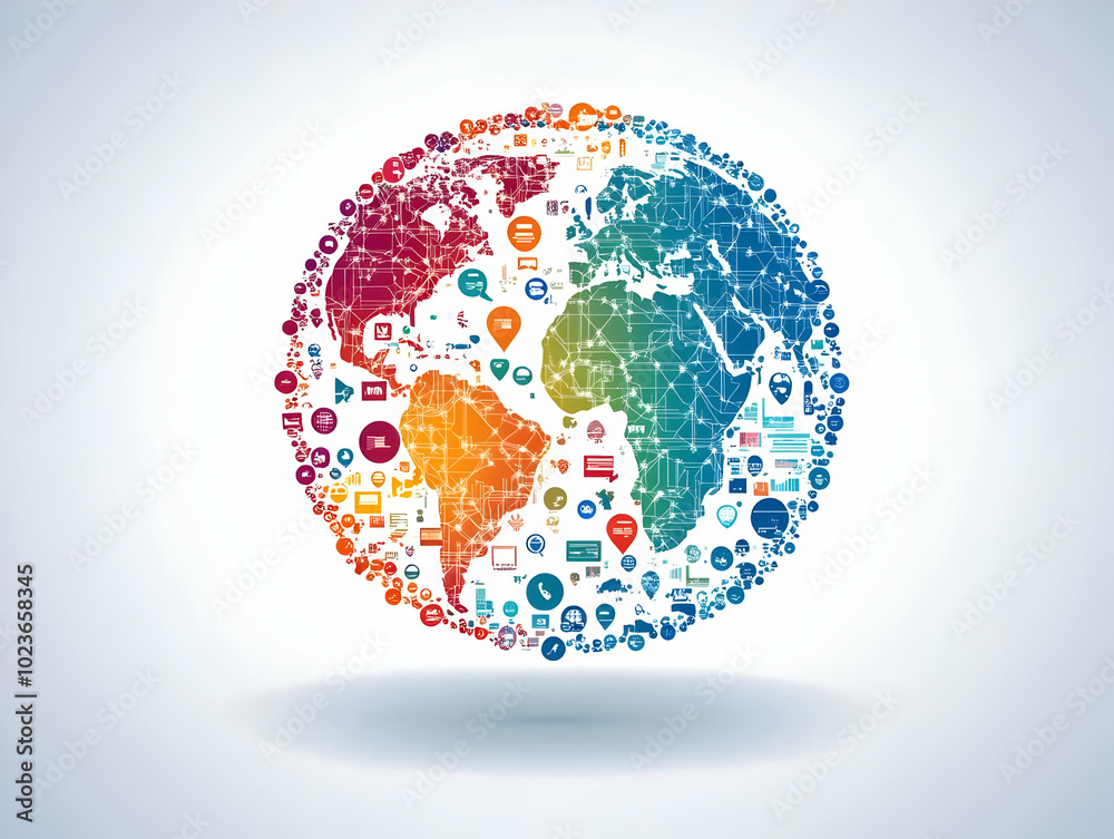 Flat Glossy Globe with Interconnected Business Network Icons and Ample Copy Space for Global Business Promotions - High Definition Vector Illustration