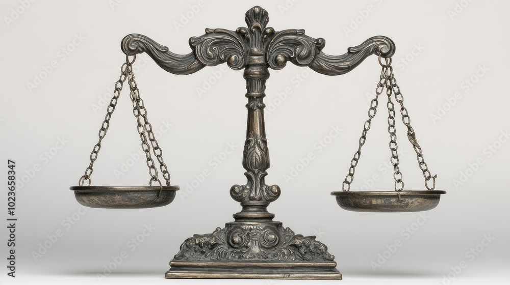 A set of ornate justice scales, captured on a white surface, symbolizing legal balance and authority. No people. A set of ornate justice scales, captured on a white surface, symbolizing legal balance and authority. No people.
