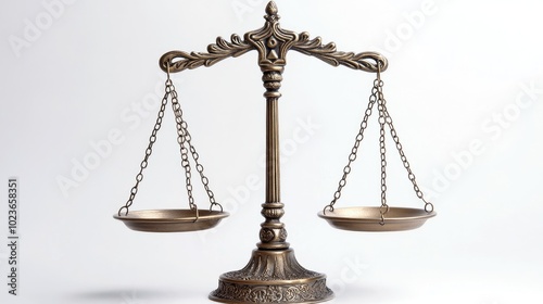 A set of ornate justice scales, captured on a white surface, symbolizing legal balance and authority. No people.