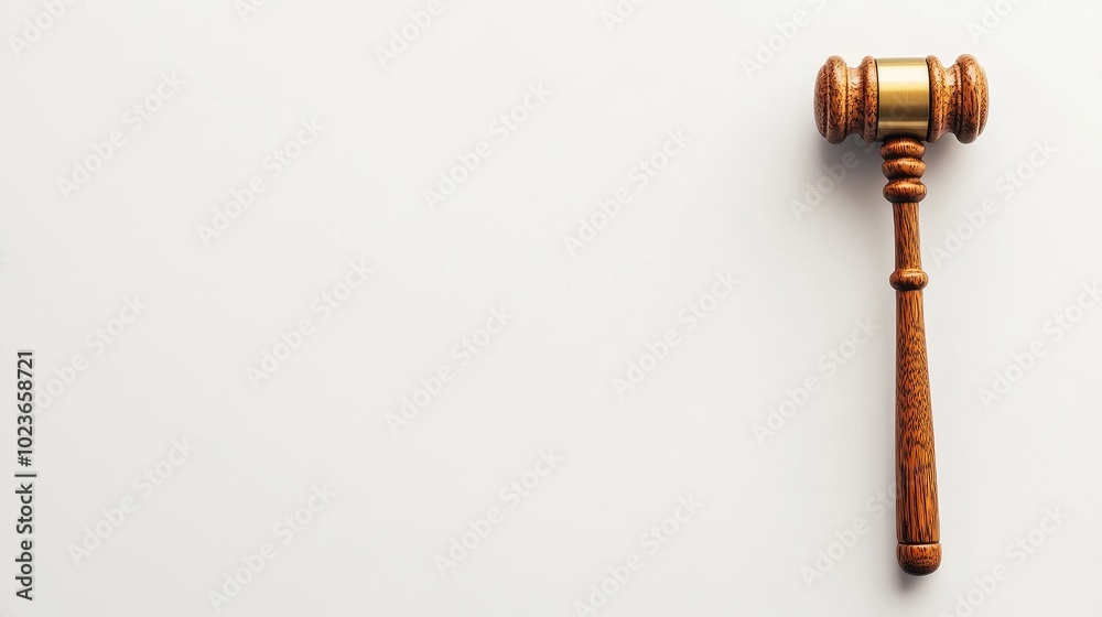 A wooden gavel rests on a judge's sound block, symbolizing law and justice, against a clean white background. No people. A wooden gavel rests on a judge's sound block, symbolizing law and justice, against a clean white background. No people.
