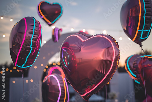 A bunch of heart shaped balloons with neon lights. The balloons are in different colors and sizes, and they are all clustered together. The scene gives off a festive and celebratory mood photo