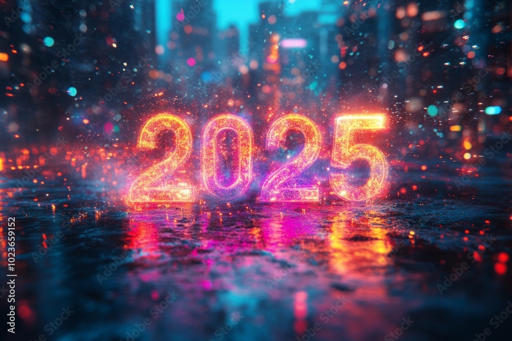 2025 burning neon sign reflecting on wet asphalt with city lights background 2025 burning neon sign reflecting on wet asphalt with city lights background