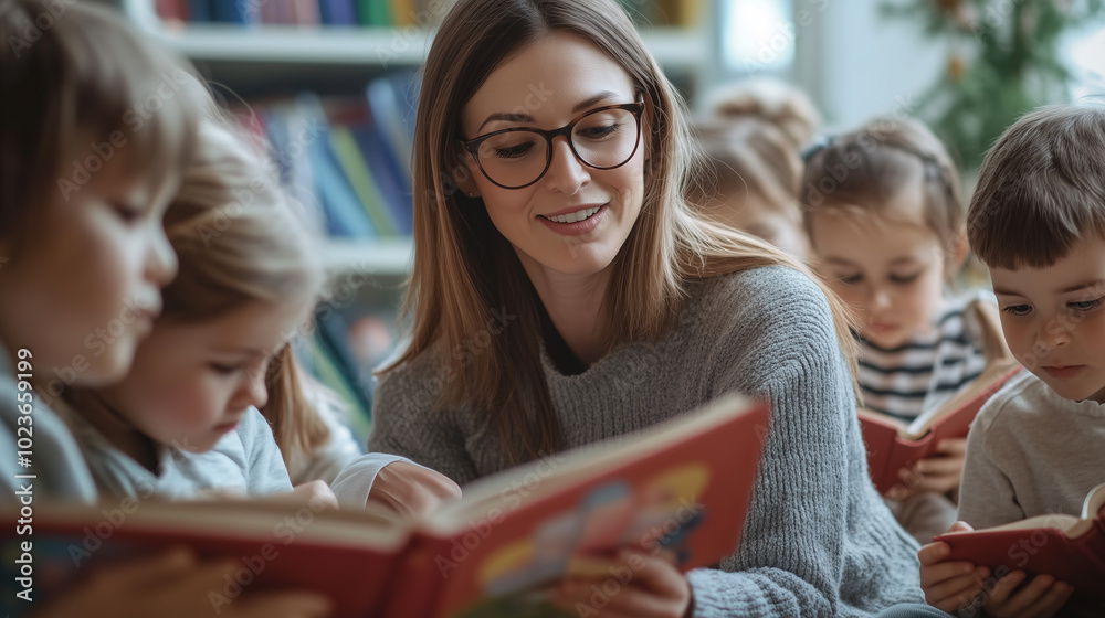 A female teacher reading a book to a group of children in a classroom A female teacher reading a book to a group of children in a classroom