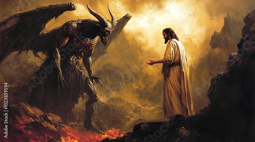 Jesus standing and facing the devil