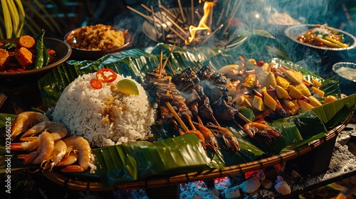 Vibrant Filipino Boodle Feast Grilled Seafood Banana Leaves and Steaming Rice