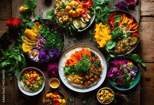 vibrant vegan meal spread featuring rainbow colorful vegetables fresh ingredients healthy feast, lgbtq, lgbt, pride, love, equality, salad, greens, peppers