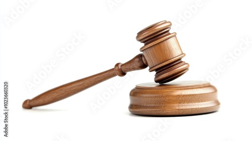 Close-up of a legal gavel resting gently on a sound block, against a clean white backdrop, symbolizing law and fairness. No people.