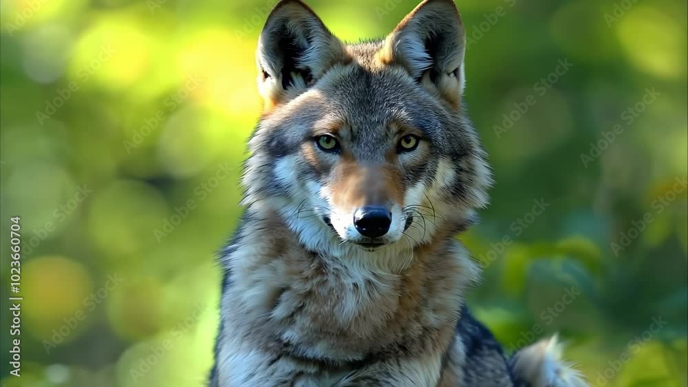 A close-up of a wolf resting in a natural environment with soft, blurred greenery in the background. A close-up of a wolf resting in a natural environment with soft, blurred greenery in the background.