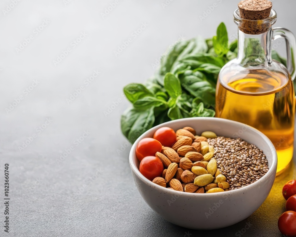 Mixed bowl of seeds, nuts, and fresh vegetables, arranged with omega oil bottle, Omega-rich ingredients, superfood setup