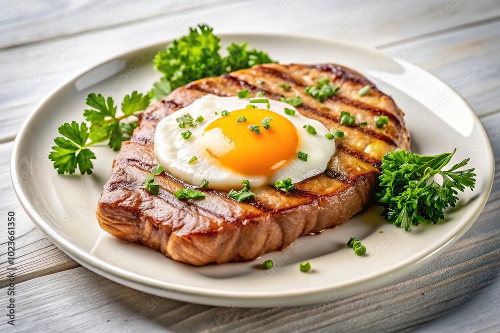 Grilled steak with egg and parsley on plate Grilled steak with egg and parsley on plate