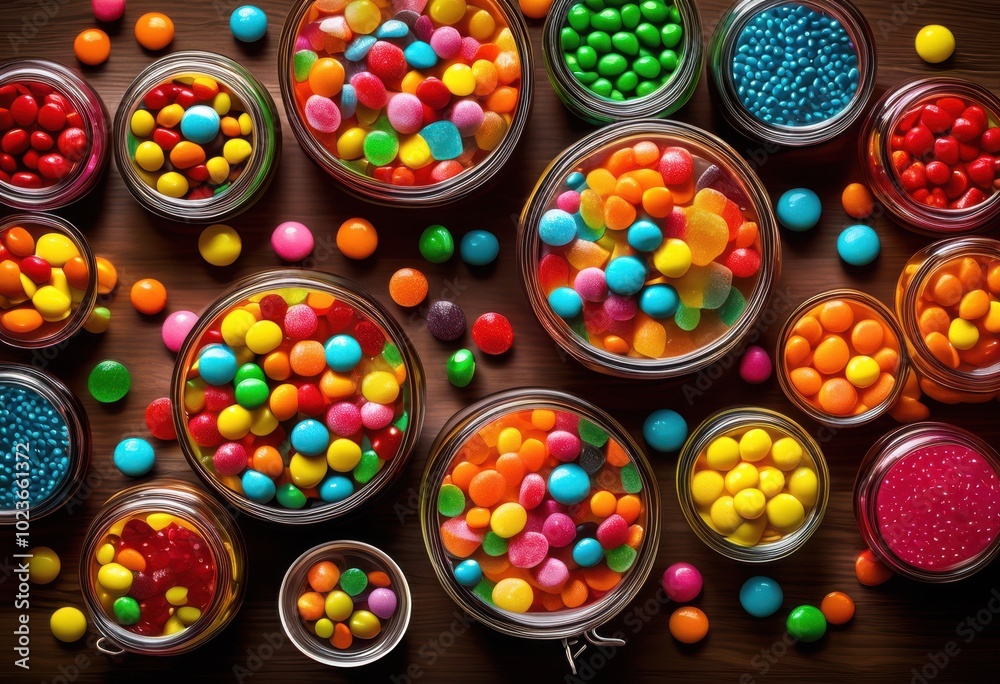 Fototapeta premium colorful array vibrant candy assortment presented elegant glass jars bowls overflowing sweet delights, rainbow, lgbtq, lgbt, pride, love, equality, assorted