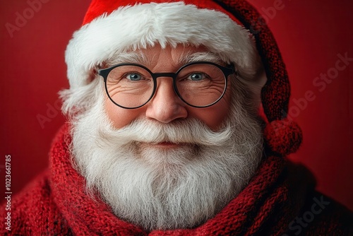 surprised santa claus depicted on a vibrant red background ready for the holiday season with space available for festive messaging or graphics photo