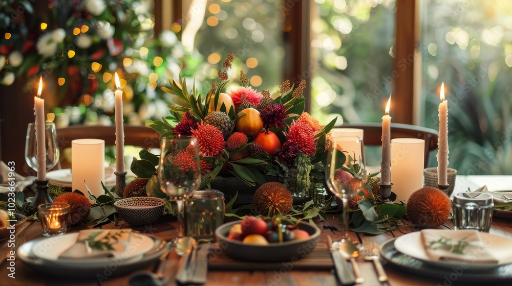 Obraz premium Autumn Elegance Festive Feijoa Centerpiece and Candlelit Dinner Party Decor