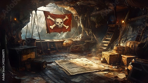 A dimly lit pirate hideout filled with treasure chests, maps, and a skull flag, capturing the essence of adventure and mystery.
