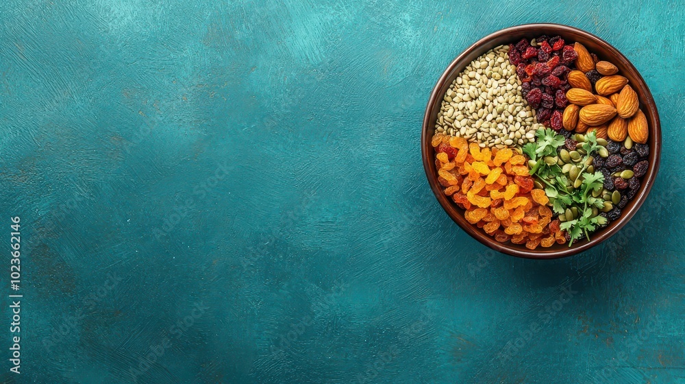 Mixed bowl of omega-3 rich nuts, seeds, and dried fruits, vibrant colors, Omega-rich snack, healthy energy boost